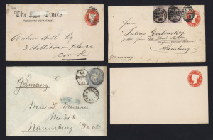 GREAT BRITAIN: Envelopes: 1892 QV 2�d grey-blue size D (Huggins & Baker EP34) postally used to Germany with 'TOO LATE/F.B.G.P.O' circular handstamp and NAUMBERG arrival backstamp, also size L (EP35) sixteen unused examples; also 1893 �d orange size E (EP36) five used incl. 1898 uprated use to Hamburg & four unused plus a size I (EP37) unused; generally fair to fine condition. (27)