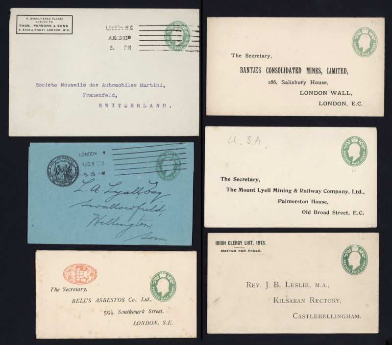 GREAT BRITAIN: Envelopes PTPO: 1903-11 KEVII �d yellow-green Huggins & Baker ES40 unused (4) all with printed addresses incl. 'Mount Lyell Mining & Railway Company' and used (10), some with printed advertising corners; also PTPO Lettersheets unused (2) e