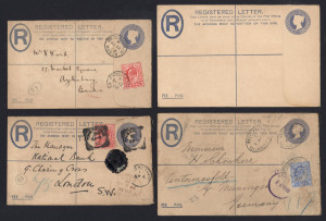 GREAT BRITAIN: Registration Envelopes: 1901 QV 2d issue No compensation table, 'Inland Revenue' heading on reverse (Huggins & Baker RP23) comprising size F (2 used), Size G (used in 1902 with KEVII 2�d private perfin added, & unused), size H used, and si