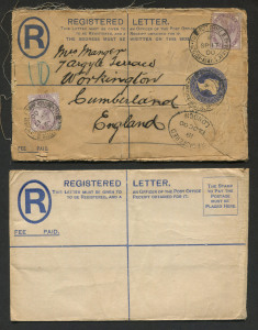 GREAT BRITAIN: Registration Envelopes: 1893 QV 2d size G Huggins & Baker RP19 unused, minor faults, also 1895 QV 2d RP21 size G used with 1d lilacs (2) added and tied by FIELD POST OFFICE B.O/BRITISH ARMY S. AFRICA 'SP17/00' datestamp, roughly opened, however scarce Boer War usage. (2)