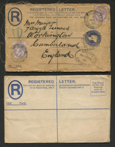 GREAT BRITAIN: Registration Envelopes: 1893 QV 2d size G Huggins & Baker RP19 unused, minor faults, also 1895 QV 2d RP21 size G used with 1d lilacs (2) added and tied by FIELD POST OFFICE B.O/BRITISH ARMY S. AFRICA 'SP17/00' datestamp, roughly opened, ho