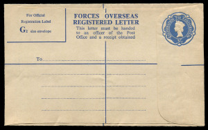GREAT BRITAIN: Registration Envelopes - Forces Issues: 1968-82 QEII unused selection comprising 3/- Huggins & Baker RPF16, decimal era 15c RPF20, 20c, 35c, 60c, 65c, 75c (2), 90c & �1 'POSTAGE & REGISTRATION' (2) & �1 'FEE PAID FOR REGISTRATION', all very fresh unused.