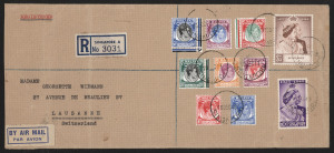 SINGAPORE: 1948 (Dec.10) registered airmail cover to Switzerland with Silver Wedding set plus various KGVI perf.14 issues to $2 tied by '10DEC43' datestamps, LAUSANNE arrival backstamp.