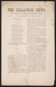 Philatelic Literature & Accessories: USA: "The Philatelic News - Official Organ of the Pennsylvania Stamp Collectors' League" (August 1890) monthly philatelic magazine with interesting contents including article on "The 1,000,000 stamps swindle", also mentions sale of Australian philatelist Sir Daniel Cooper's collection to Ferrari of Paris; also 1888 (April, Vol1 No1) copy of "Our Stamp Circular" published by stamp dealer F.L. Mills of Cincinnati, plus 1877 circular for R.W. Mercer's Natural H