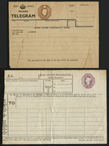 GREAT BRITAIN: Telegraph Forms: 1885 QV 6d Form with Harrison & Sons imprint, ruled for 30 words, Huggins & Baker TP11aa, slightly trimmed at left, minor edge tones & tiny tear; also 1944 KGVI 1944 1/- brown TP28, central fold & few paperclip stains. (2)