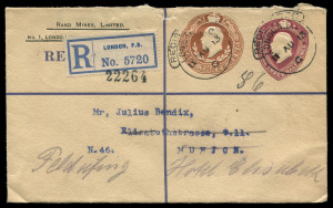 GREAT BRITAIN: Registration Envelopes PTPO: c.1903-11 KEVII 3d brown + 1�d purple for user Rand Mines Ltd used from London to Munich, part of flap missing, otherwise quite fine.