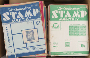 Philatelic Literature & Accessories: Australia: "The Australian Stamp Monthly" 1951-57 run of this monthly title, appears largely complete, plus a few odd issues outside this period, condition variable some without front covers and/or wit aged/brittle pages. Lots of interesting articles.