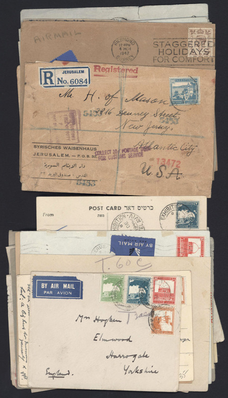 PALESTINE: 1921-47 incoming and outgoing mail, all reflecting under-payment, with "T" marks, "To Pay" marks, postage due stamps or postage due markings. A fascinating group for further study. (30 items).