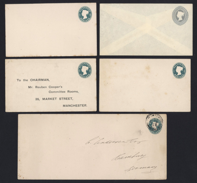 GREAT BRITAIN: Envelopes: 1892 QV 2�d grey-blue size D (Huggins & Baker EP34) Salisbury registered use to Mexico with 'R'-in oval and boxed 'REGISTERED' handstamps, plus unused example of same envelope; also 1901 QV �d blue green (EP38&39) size E (3 unus