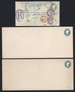 GREAT BRITAIN: Envelopes: 1892 QV 2�d grey-blue size D (Huggins & Baker EP34) Salisbury registered use to Mexico with 'R'-in oval and boxed 'REGISTERED' handstamps, plus unused example of same envelope; also 1901 QV �d blue green (EP38&39) size E (3 unus - 2