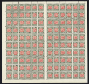 Australia: Postage Dues: 1958 (SG.D132) ½d Carmine & Deep Green (Die 1) complete sheet, (120) with varieties noted at L1/1, L1/6, L2/2, L3/1, L5/2, L6/5, R2/1, R6/5 & R8/6. MUH. Cat.£570++.