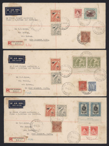 PAPUA - Aerophilately & Flight Covers: 30 May 1938 (AAMC.P134) Papua-New Guinea-Australia flight (6), all Port Moresby registered with different franking combinations noting Papua 3d & 4d Pictorial imprint pairs & 3d AIR MAIL with "Rift in sky"; all somewhat aged, Cat. $300.