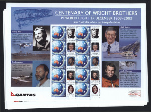 Australia: Decimal Issues: 2003 Centenary of Wright Brothers sheetlet, with 'AEROPEX/ADELAIDE/03' imprint at lower-left, 10 examples, fresh MUH, Retail $200.