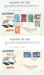 AUSTRALIA: Aerophilately & Flight Covers: 27 Oct. 1959 (AAMC.1410, 1411a, 1412) Sydney - London special cover carried by QANTAS on their first scheduled Boeing 707 service; also, intermediates from Darwin, Singapore, Bangkok, Calcutta, Karachi and Cairo.