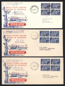 AUSTRALIA: Aerophilately & Flight Covers: Dec.1957 - July 1959 (AAMC.1382, 1400 & 1403) Royal Flying Doctor Service Mercy Flight No.1 flown cover (31/7/57) signed by Dr. W.G. Meehan; Mercy Flight No.2 flown cover (25/10/58) signed by Dr.H.P.Duke; and Mer