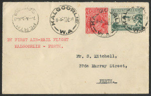AUSTRALIA: Aerophilately & Flight Covers: 4 June 1929 (AAMC.137a) Kalgoorlie - Perth flown cover, an intermediate carried in association with the first flights between Adelaide and Perth by W.A. Airways Ltd. (NB: This cover prepared by well-known FDC dea