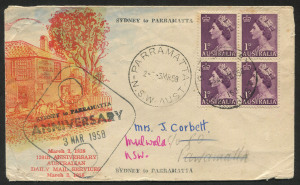 FDC: COLLINGRIDGE RIVETT: 1958 (Mar.3) 'SYDNEY to PARRAMATTA' 120th Anniversary of Mail Services commemorative cover, attractive cachet, 'ART FIRST DAY COVERS' on reverse, numbered #65 of 70 produced, edge blemishes.