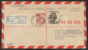 AUSTRALIA: Aerophilately & Flight Covers: 9 Mar.1956 usage of 3d Federation + 2/6 Aborigine paying the registered airmail rate from TEMORA to GERMANY, with transit and arrival backstamps.