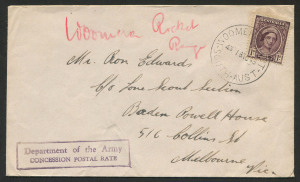 Australia: Postal History - World War II - Military: 1946 (Nov.18) concession rate cover with 1d QM tied by 'WOOMERA WEST/18AU48/SOUTH-AUST' datestamp, semi-official "Woomera Rocket Range" endorsement in red crayon, addressed to Baden Powell House, Melbo