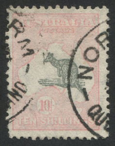 Kangaroos - CofA Watermark: 10/- Grey & (Pale) Pink, couple nibbed perfs, fine used with part strikes of NORTH ARM (Qld) datestamp, BW:50A (shade) - Cat. $200.
