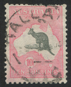 Kangaroos - CofA Watermark: 10/- Dark Grey & Aniline Pink, perf defects at top, fine used with part strike of TALLAROOK (Vic) datestamp, BW:50D - Cat. $750.