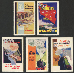 Cinderellas: POSTER STAMPS - RAIL TRAVEL: 1930s "By Train" promotional group including "Caves Express - Atop of the Blue Mountains", "Canberra - Capital City of the Australian Commonwealth" & "The Intercity Flyers - Train Travelling De Luxe", plus two others; all with gum. (5).