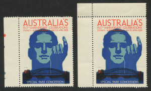 Cinderellas: POSTER STAMPS - RAIL TRAVEL: 1938 Australia's 150th Anniversary Celebrations "Special Fare Concessions" labels (2), both marginal examples, one with partial colour control spots in margin, MUH with full gum.