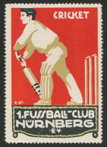 Cinderellas: POSTER STAMPS: c.1950s Nurnberg (Nuremberg, Germany) Football Club promotional label showing a cricketer! Most unusual.