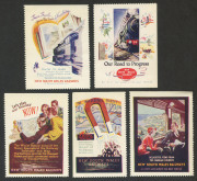 Cinderellas: POSTER STAMPS - RAIL TRAVEL: 1930s NSW Railways promotional stamps including "The Irresistible Magnet", "Travel to Learn" & Let's Plan Our Holiday", plus two others; all with gum. (5).