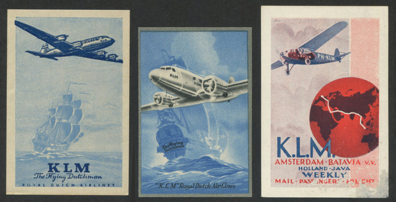 Cinderellas: 1950s KLM Royal Dutch Airlines luggage labels (3), one with corner surface abrasion; all with full unmounted gum. (3)