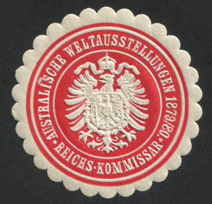 Cinderellas: 1879-80 'AUSTRALISCHE WELTAUSSTELLUNGEN/REICH KOMMISSAR' German Consulate wafer/letter seal, large-part gum. Unusual so fine.