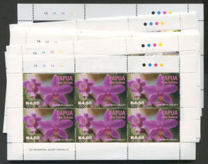 PAPUA NEW GUINEA: 2004 Orchids five sets of the five values in sheetlets of 6, pristine MUH, Retail $150+. Popular thematic. (25 sheetlets, total 150 stamps)