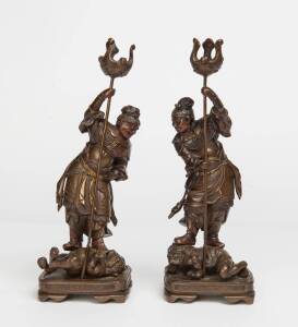 A pair of Japanese bronze statues of warriors, Meiji period, ​25cm high