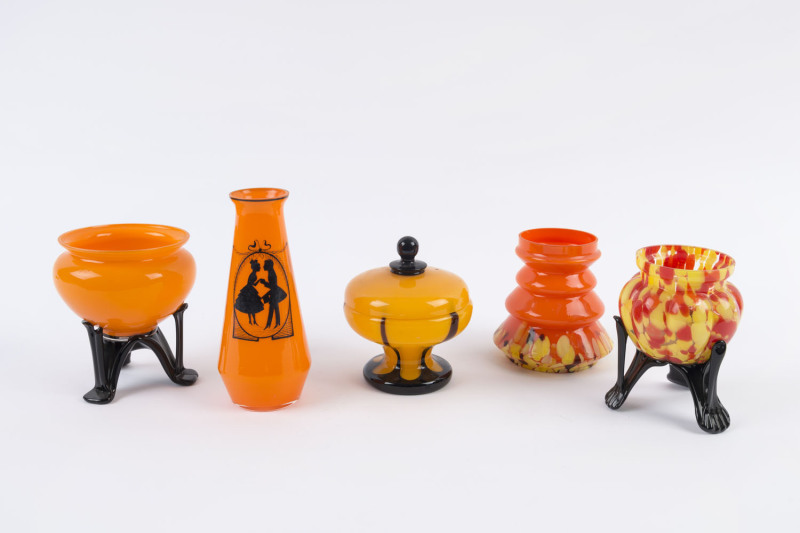 Five assorted Bohemian orange glass vases including a "Tango" silhouette vase, circa 1920's the silhouette vase 16.5cm high