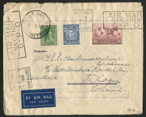 AUSTRALIA: Aerophilately & Flight Covers: 28 Jun.1938 (AAMC.815a) KLM Holland-Australia-Holland return envelope for inaugural regular service flight, 'AMSTERDAM-BATAVIA-SYDNEY/OPENING 28 JUNI 1938' cachet in violet on inside of cover (outward flight), ou