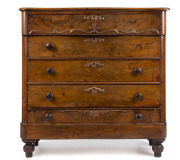 A German five drawer chest, flame mahogany with serpentine top drawer and moulded fittings, 19th century, ​111cm high, 112cm wide, 51cm deep