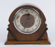 An English Art Deco mantel clock in walnut veneer case, 24cm high, 27cm wide