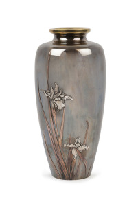 A fine Japanese bronze vase decorated with iris in silver and copper, Meiji period, silver seal mark to base, ​32cm high