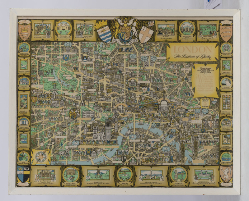 Circa 1950 "LONDON The Bastian Of Liberty" chromolithograph map of central London, ​framed and glazed 52 x 65cm overall