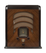 LEKMEK tombstone mantel radio in walnut case with brown bakelite knobs, ​39cm high, 34cm wide