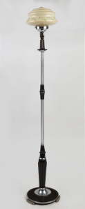 An Art Deco standard lamp, bakelite and chrome with glass shade, circa 1930, ​(shade damaged). 165cm high