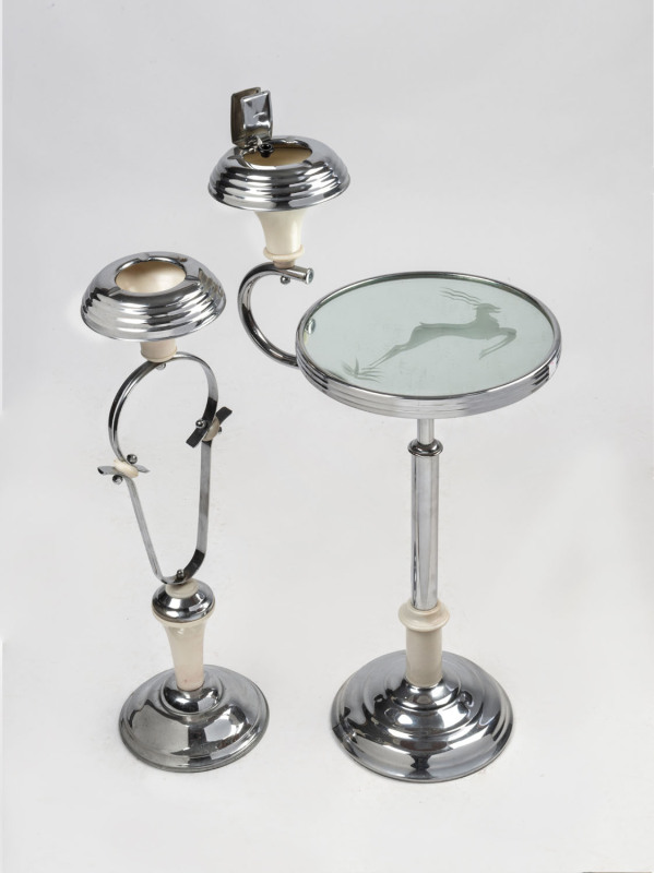 Two Art Deco smokers stands, ​chrome, bakelite and glass, circa 1930, the larger 79cm high