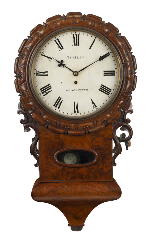 An antique English drop dial wall clock, single train fusee movement in walnut case, dial marked "TINSLEY MANCHESTER", 19th century, 85cm high