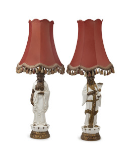 A pair of Italian ceramic table lamps and shade in the chinoiserie style, mid 20th century, ​110cm overall