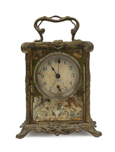 An Art Nouveau mantel clock, lithograph design on a gilded metal case, circa 1900 16cm high.