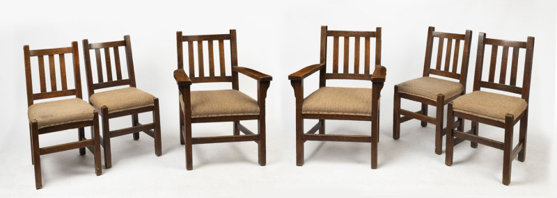 STICKLEY style set of six chairs comprising two carvers and four standard chairs with later berber upholstery, early 20th century, ​the carvers 68cm across the arms