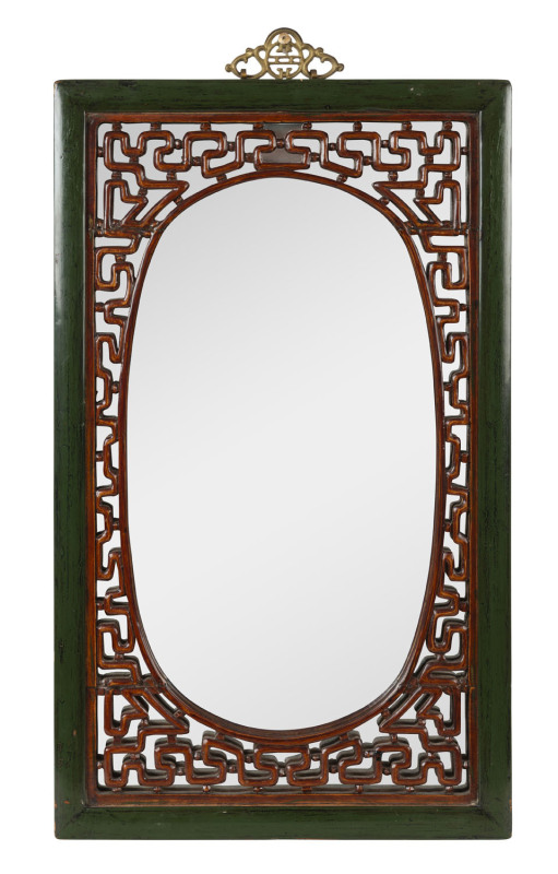 A Chinese wall mirror, carved and painted wood, 20th century, ​70 x 40cm