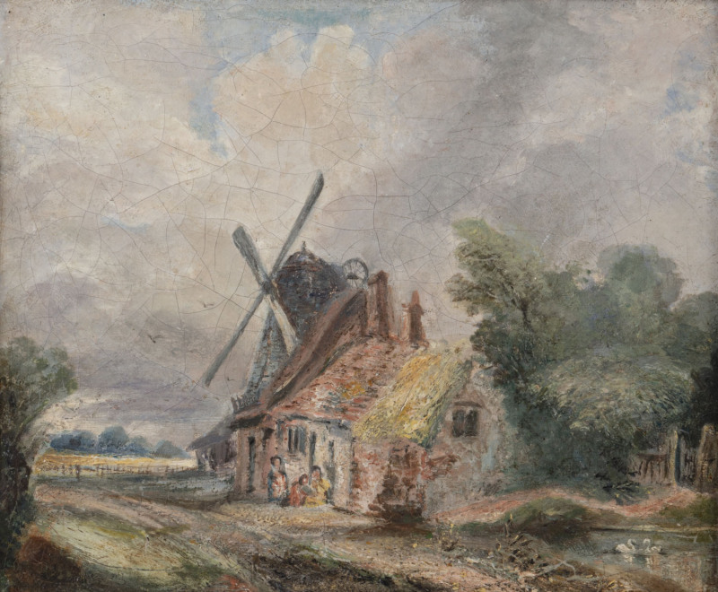 ARTIST UNKNOWN, (European School, 19th century), (Farm with windmill), oil on canvas, 21 x 25cm.