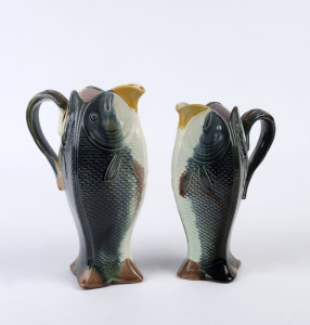 Two English majolica fish jugs, 19th century, ​20cm and 22cm high