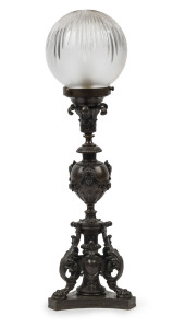 An antique bronze table lamp (electrified) with cut glass shade, 19th century, ​56cm high